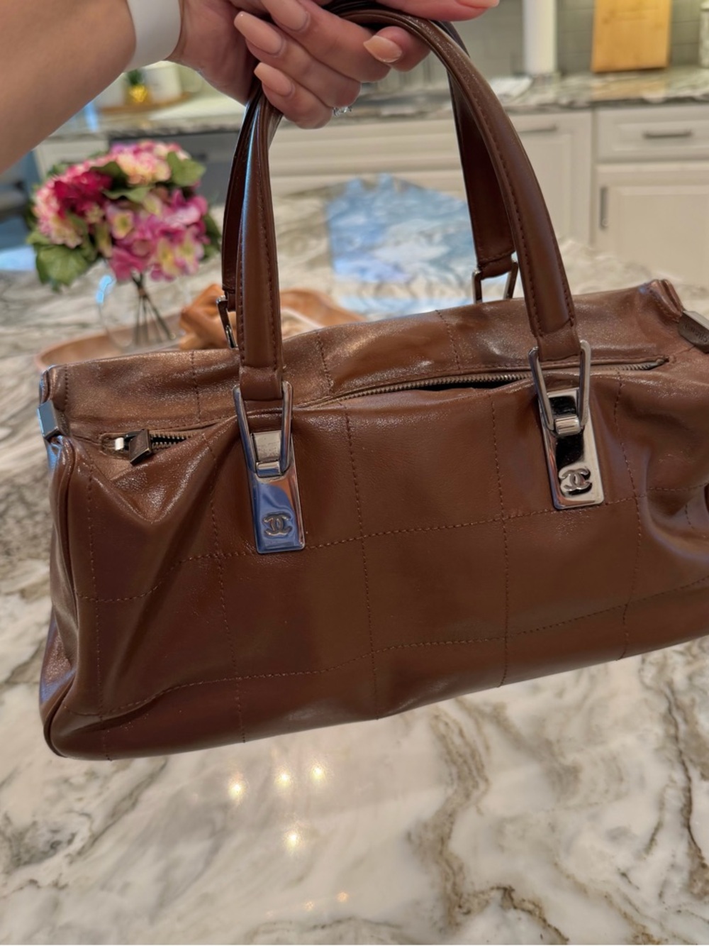 ✨CHANEL Chocolate Bar Brown Quilted Leather Duffel Bag with Silver Hardware